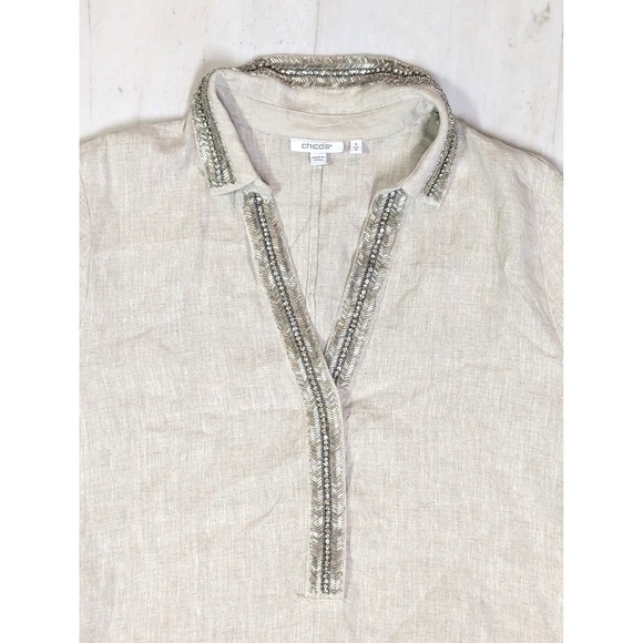 Chicos $169 Khaki Rhinestone Linen Tunic Maxi Dress 3 US16/18 Resort Costal Boho - Picture 4 of 10